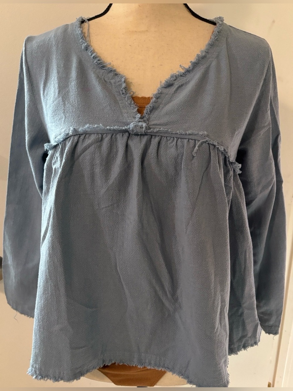 Aerie  Washed Blue Frayed V-Neck Peasant Top - Women